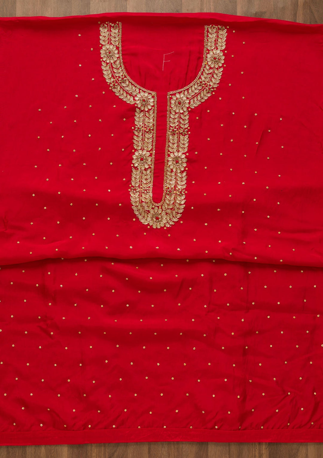 Red Cutdana Semi Crepe Unstitched Salwar Kameez-Koskii