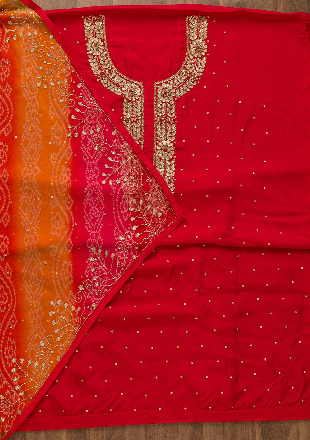 Red Cutdana Semi Crepe Unstitched Salwar Kameez-Koskii