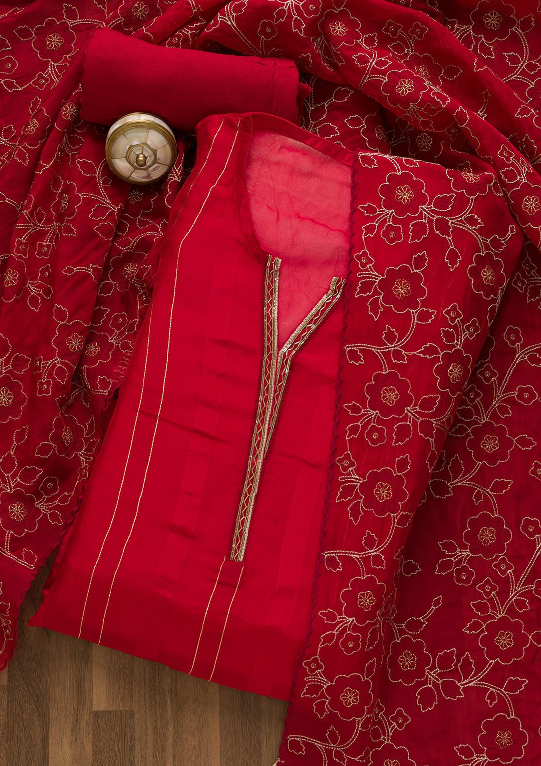 Red Cutdana Tissue Unstitched Salwar Suit-Koskii