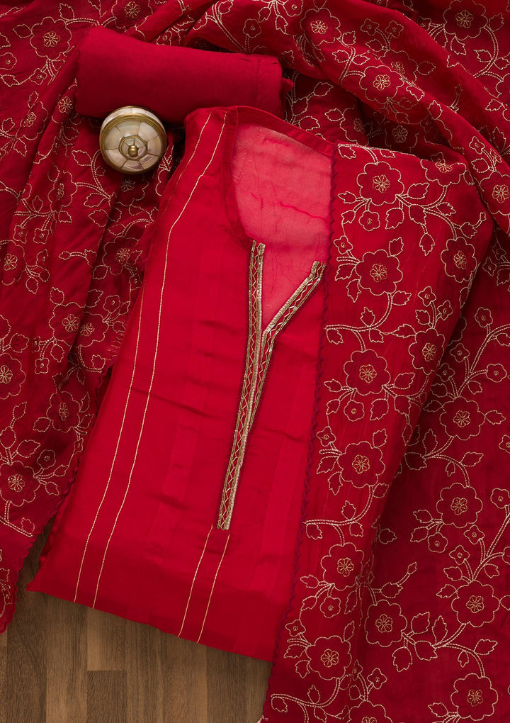 Red Cutdana Tissue Unstitched Salwar Suit-Koskii