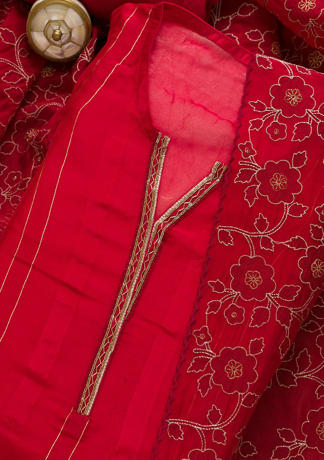 Red Cutdana Tissue Unstitched Salwar Suit-Koskii