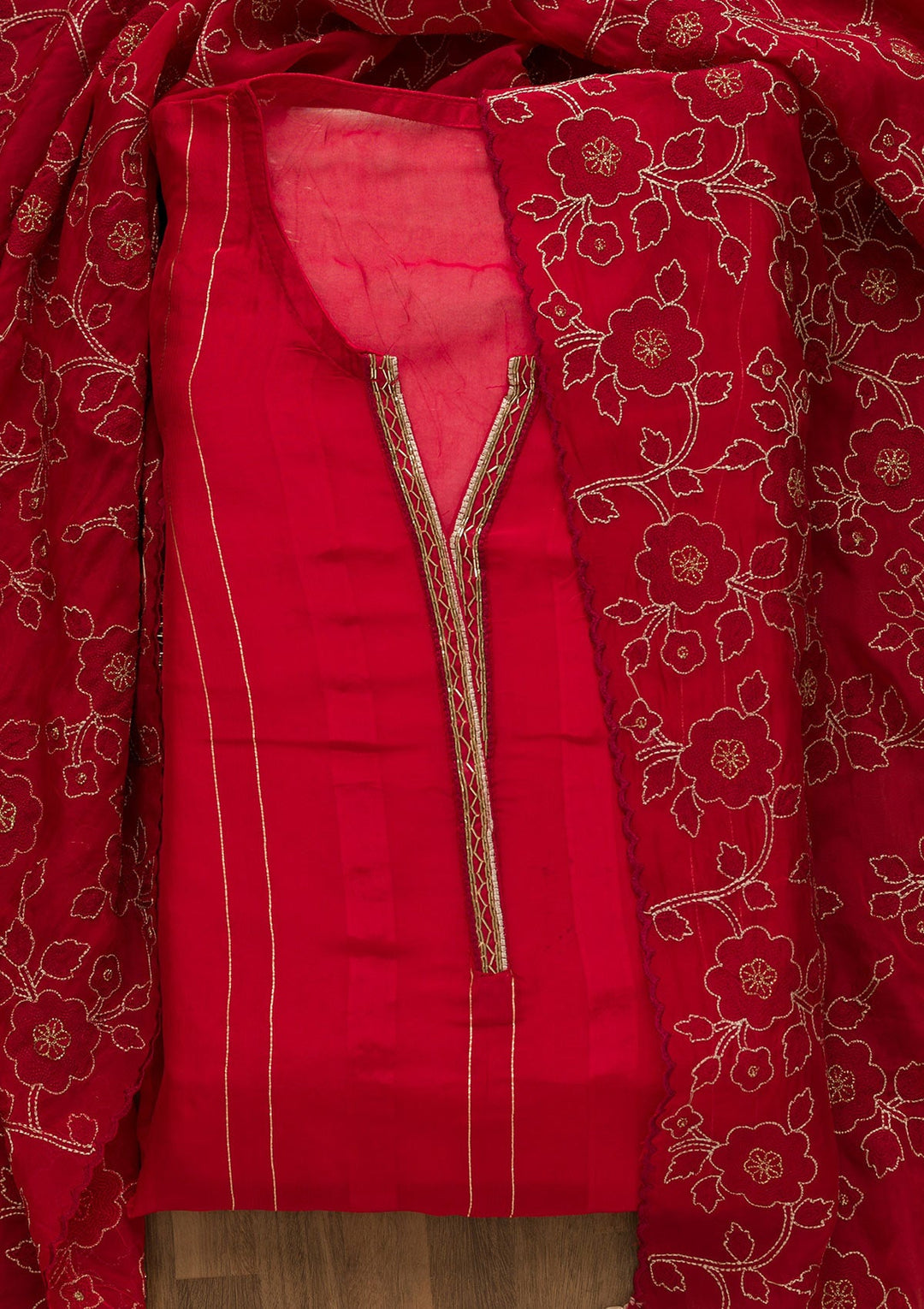 Red Cutdana Tissue Unstitched Salwar Suit-Koskii