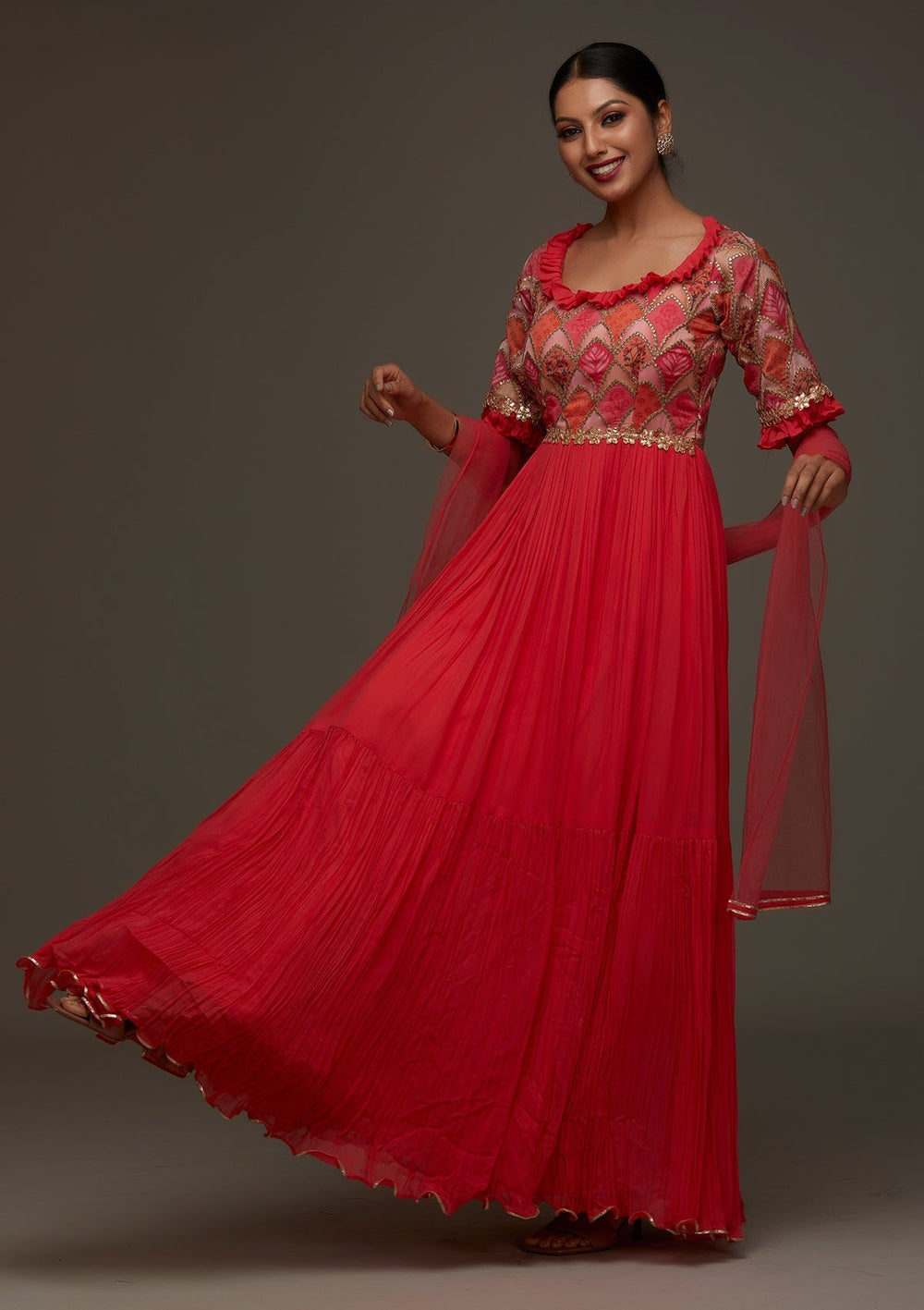 Red Gotapatti Georgette Designer Anarkali Suit - Koskii