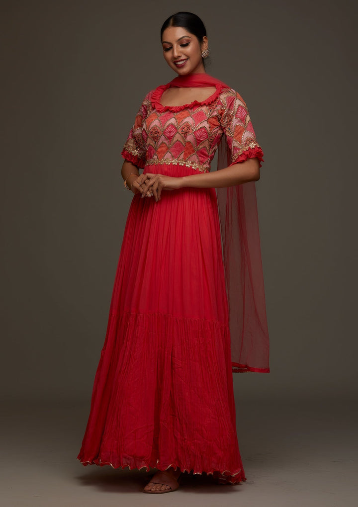Red Gotapatti Georgette Designer Anarkali Suit - Koskii