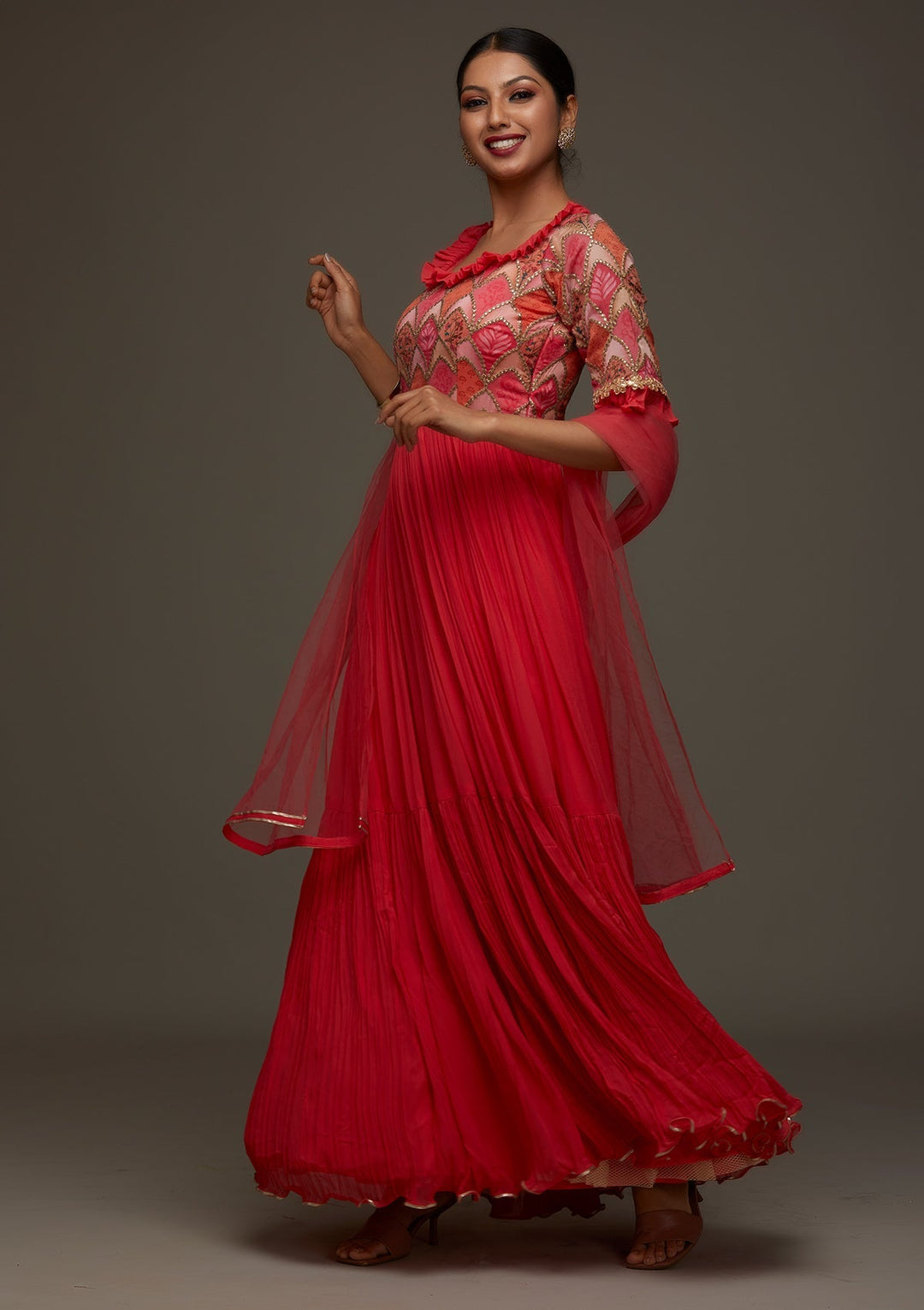 Red Gotapatti Georgette Designer Anarkali Suit - Koskii