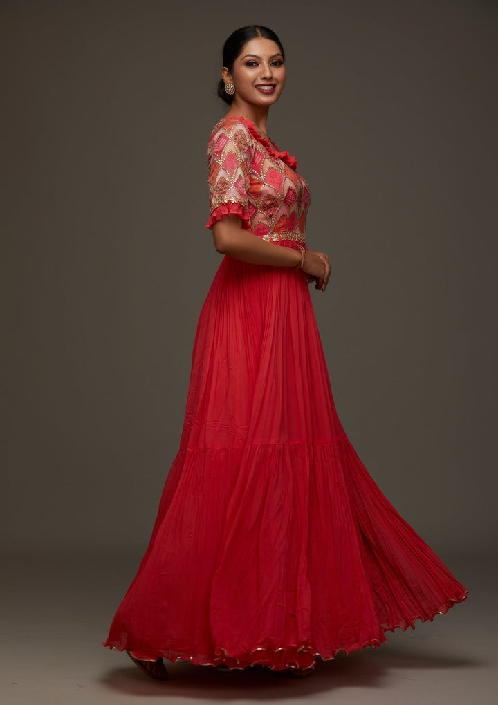 Red Gotapatti Georgette Designer Anarkali Suit - Koskii