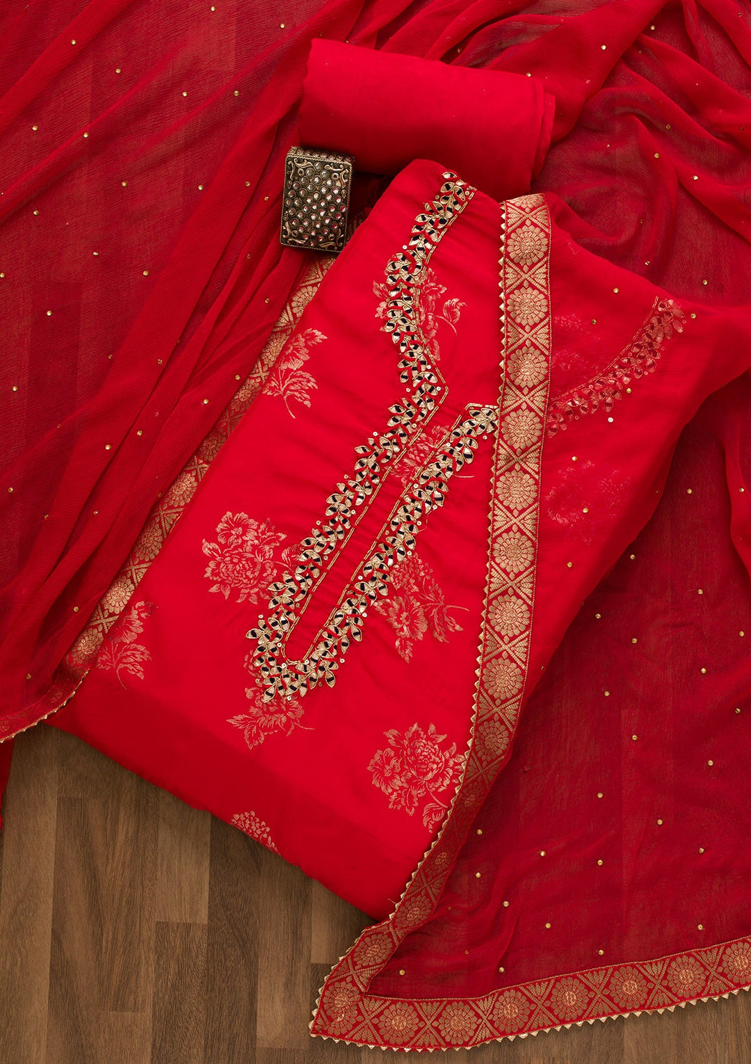 Red Gotapatti Organza Unstitched Salwar Kameez-Koskii