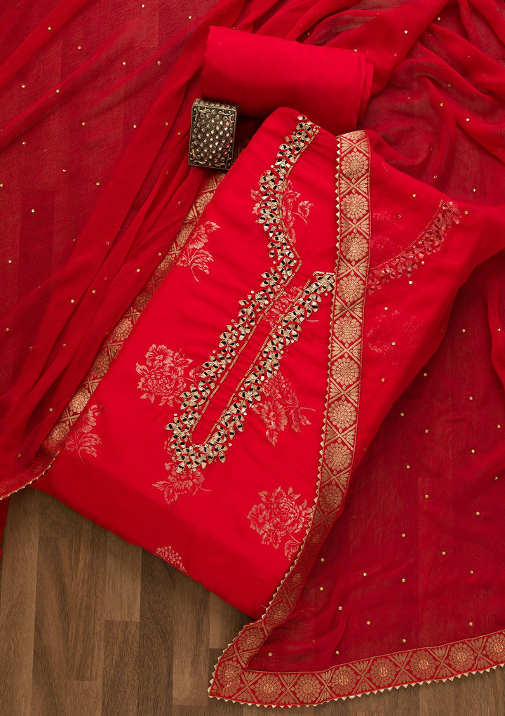 Red Gotapatti Organza Unstitched Salwar Kameez-Koskii