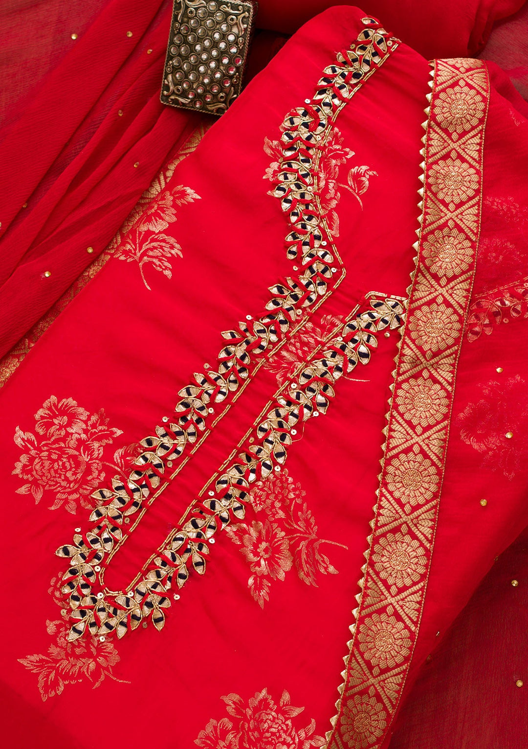 Red Gotapatti Organza Unstitched Salwar Kameez-Koskii