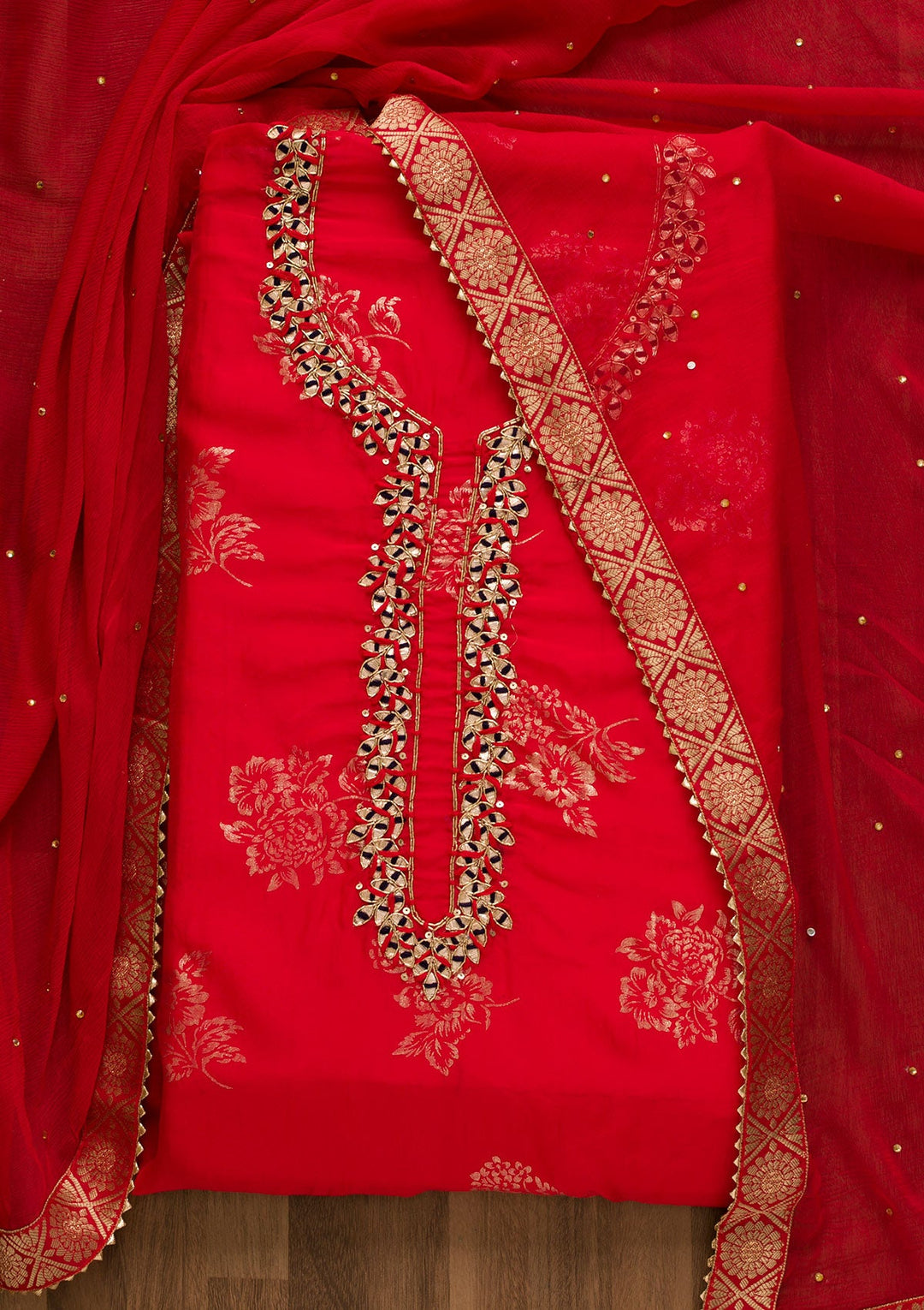 Red Gotapatti Organza Unstitched Salwar Kameez-Koskii