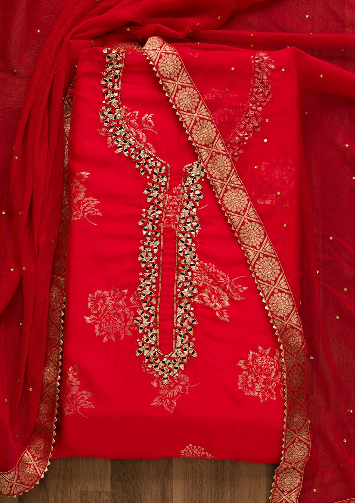 Red Gotapatti Organza Unstitched Salwar Kameez-Koskii