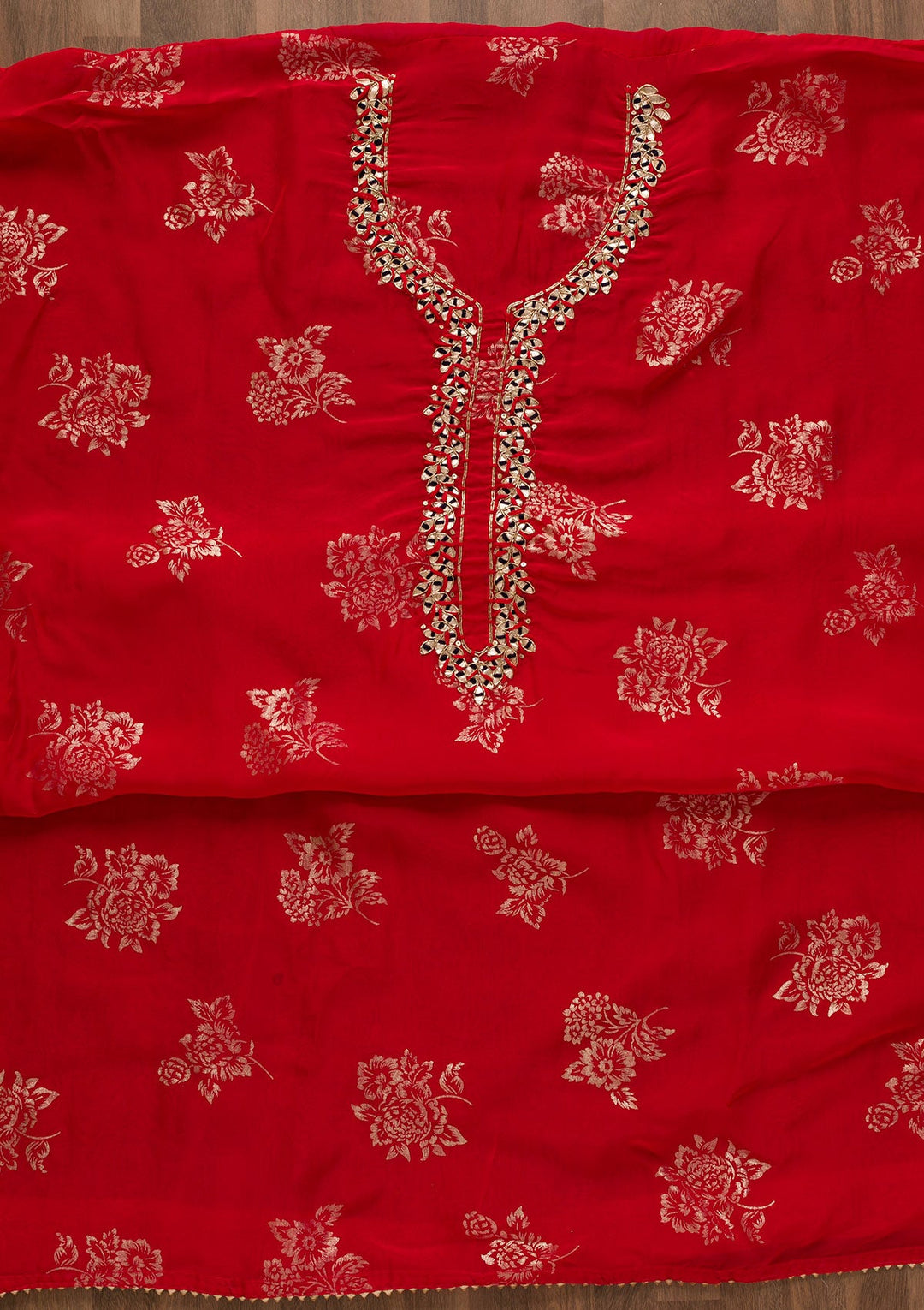 Red Gotapatti Organza Unstitched Salwar Kameez-Koskii