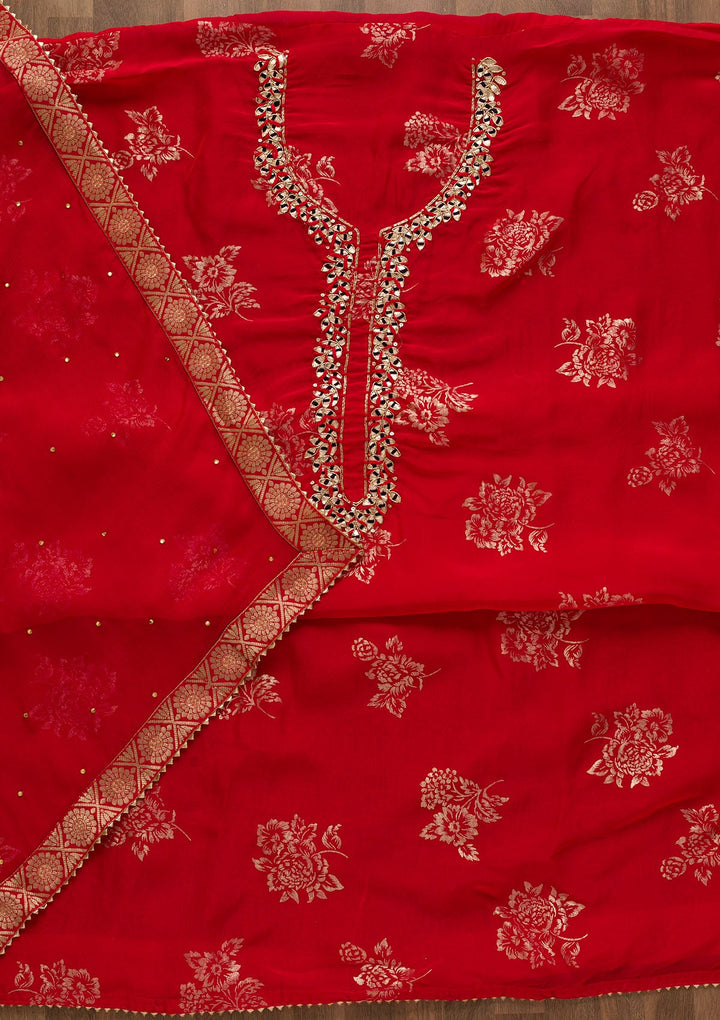 Red Gotapatti Organza Unstitched Salwar Kameez-Koskii