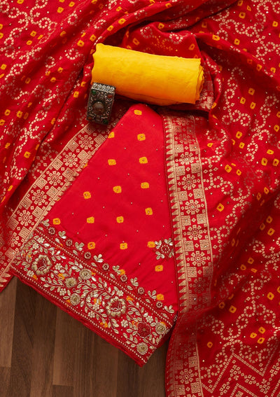 Red Gotapatti Semi Crepe Unstitched Salwar Suit-Koskii