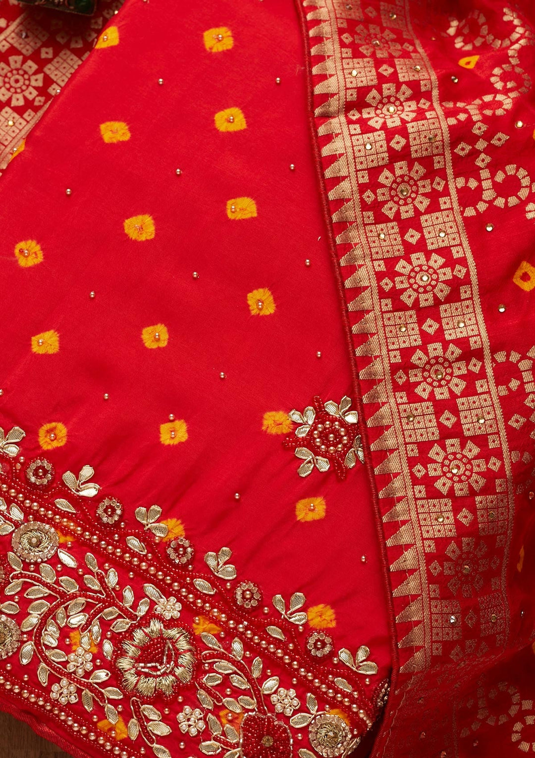 Red Gotapatti Semi Crepe Unstitched Salwar Suit-Koskii