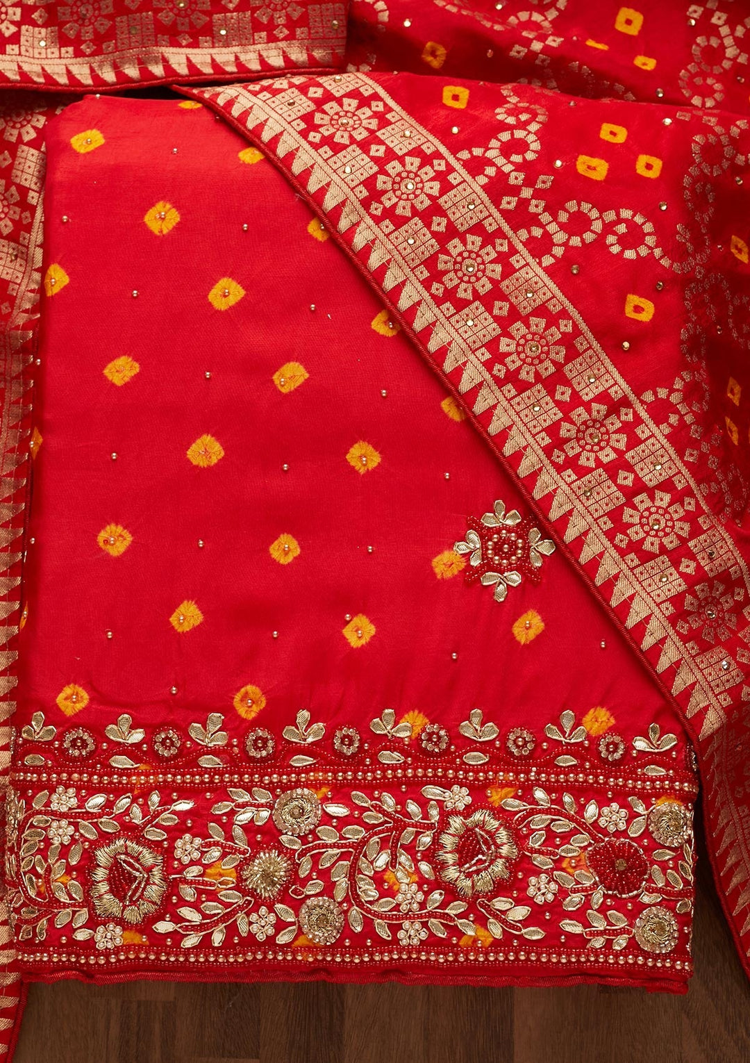 Red Gotapatti Semi Crepe Unstitched Salwar Suit-Koskii