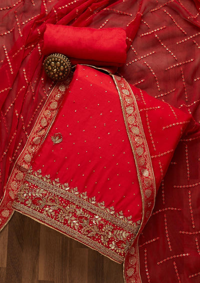 Red Gotapatti Semi Crepe Unstitched Salwar Suit-Koskii