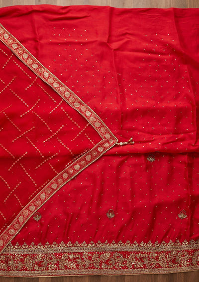 Red Gotapatti Semi Crepe Unstitched Salwar Suit-Koskii