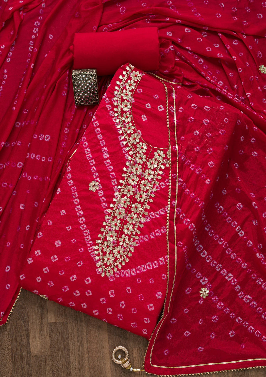 Red Gotapatti Semi Crepe Unstitched Salwar Suit-Koskii