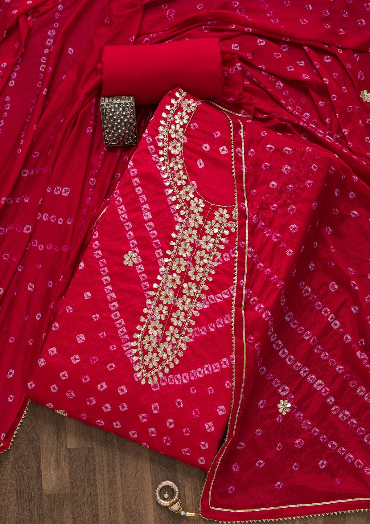 Red Gotapatti Semi Crepe Unstitched Salwar Suit-Koskii