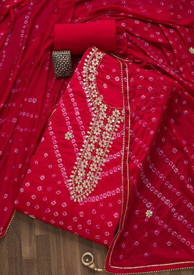 Red Gotapatti Semi Crepe Unstitched Salwar Suit-Koskii