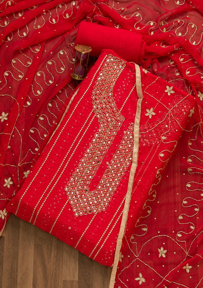 Red Mirrorwork Georgette Unstitched Salwar Kameez-Koskii
