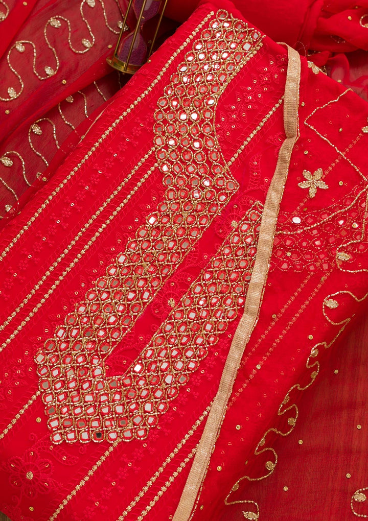 Red Mirrorwork Georgette Unstitched Salwar Kameez-Koskii