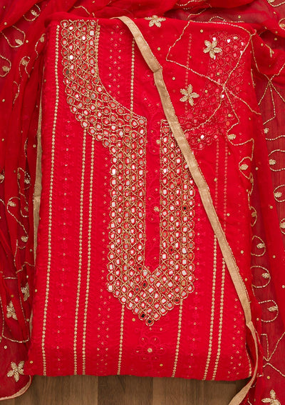 Red Mirrorwork Georgette Unstitched Salwar Kameez-Koskii