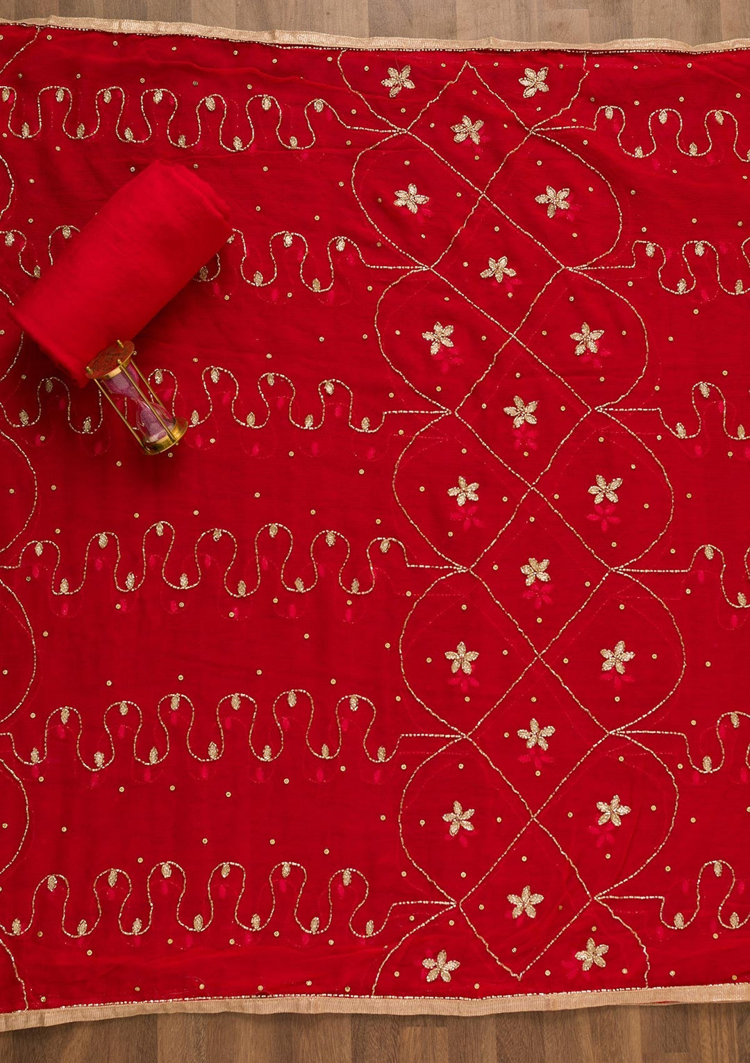 Red Mirrorwork Georgette Unstitched Salwar Kameez-Koskii