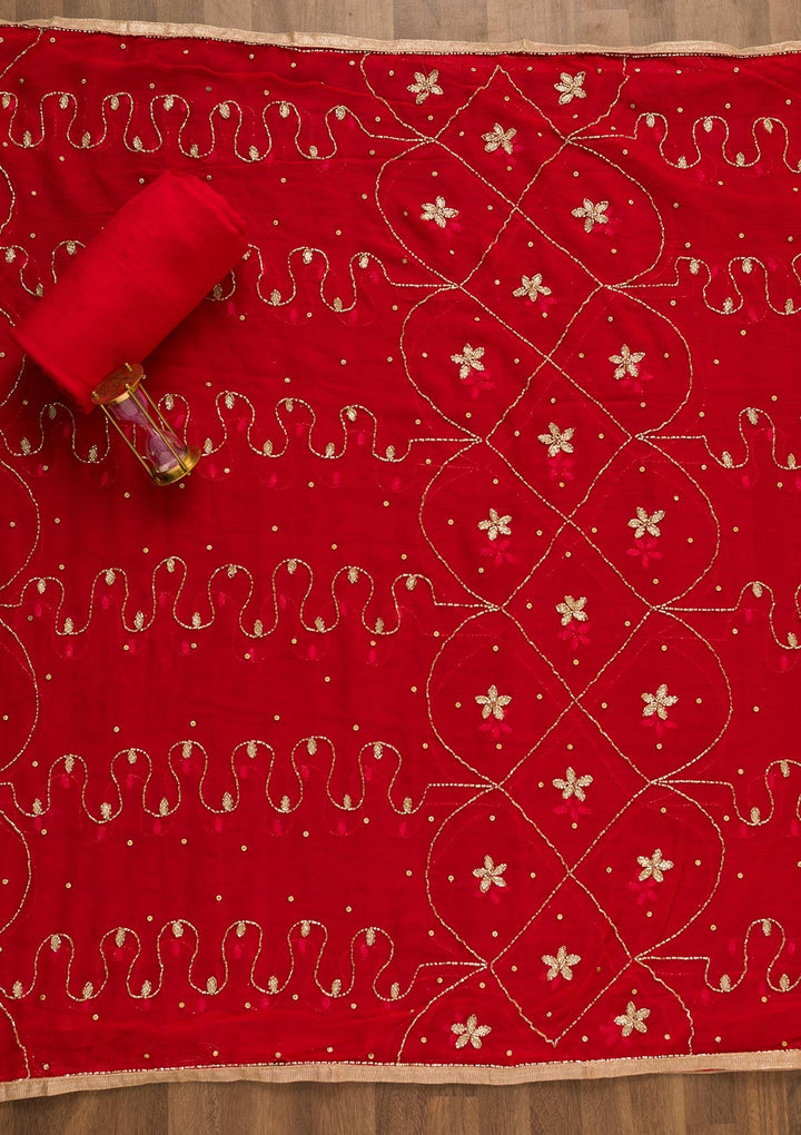 Red Mirrorwork Georgette Unstitched Salwar Kameez-Koskii