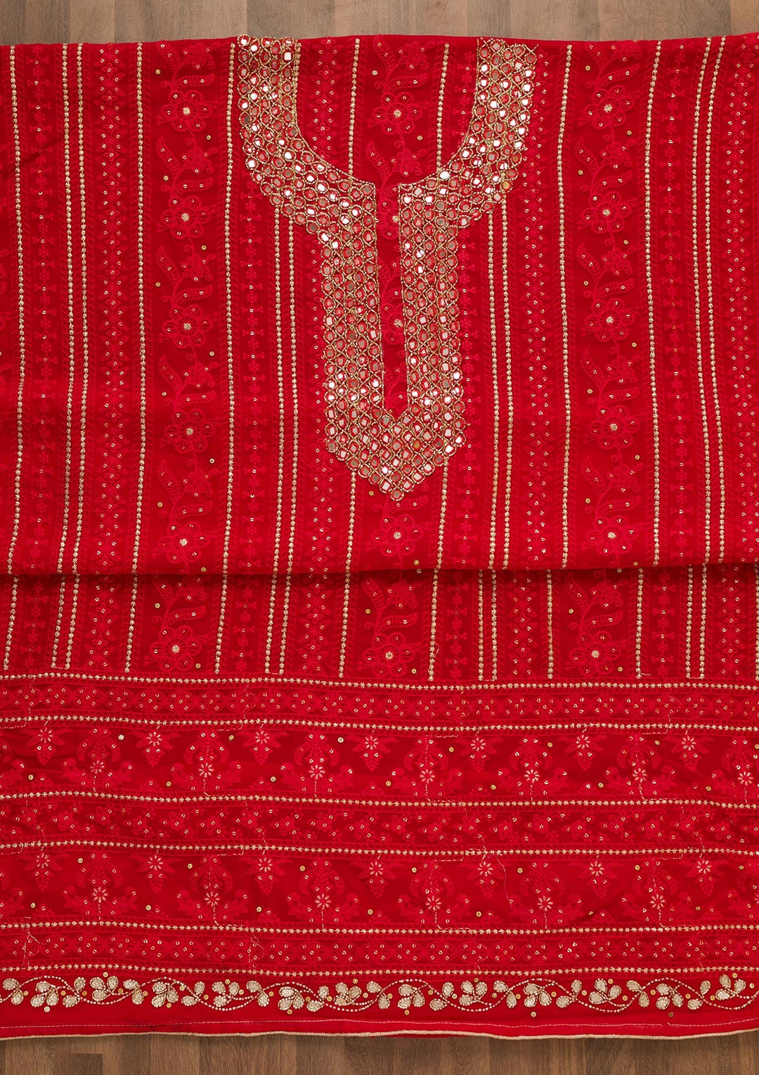 Red Mirrorwork Georgette Unstitched Salwar Kameez-Koskii