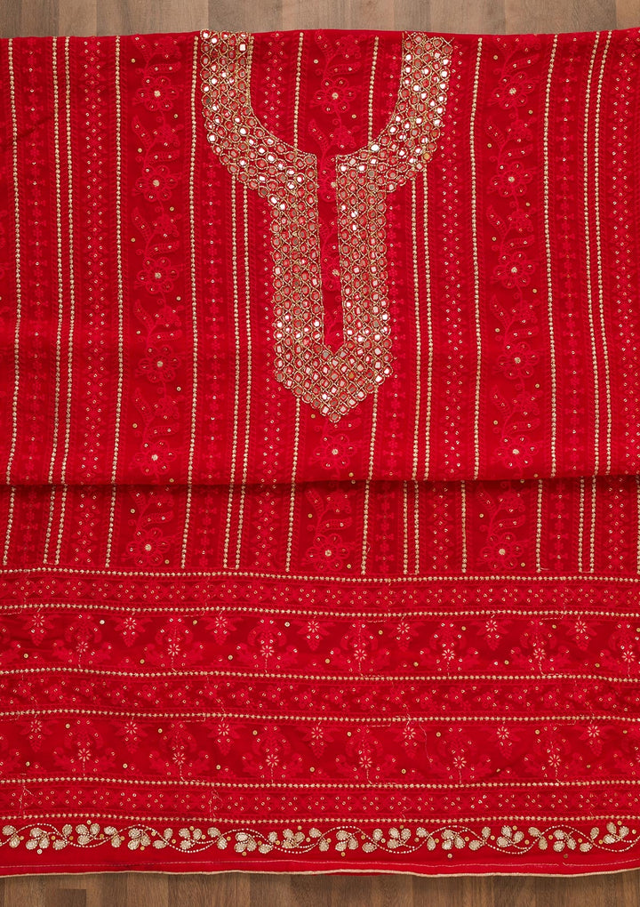 Red Mirrorwork Georgette Unstitched Salwar Kameez-Koskii