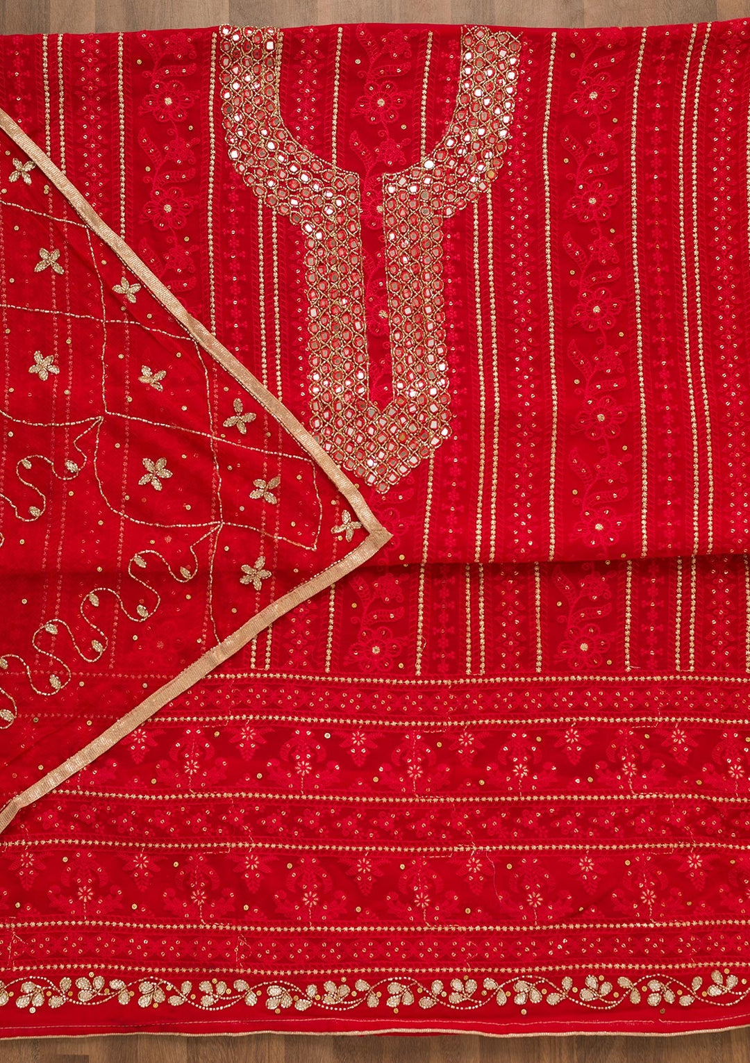 Red Mirrorwork Georgette Unstitched Salwar Kameez-Koskii