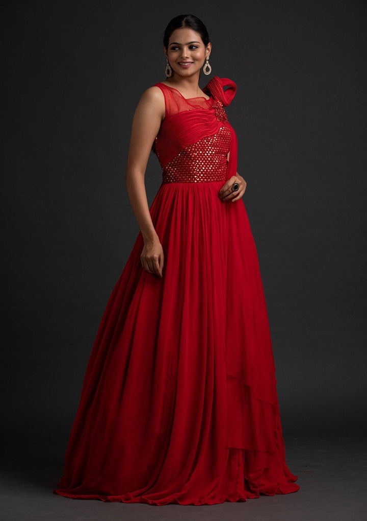Red Sequins Georgette Designer Gown - koskii