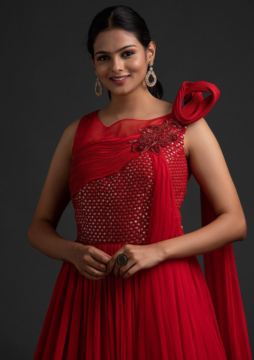 Red Sequins Georgette Designer Gown - koskii