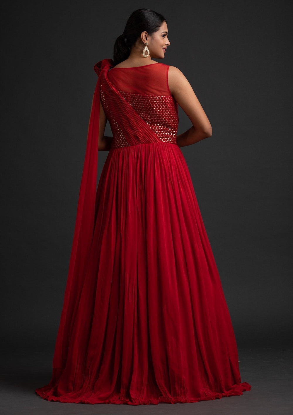Red Sequins Georgette Designer Gown - koskii