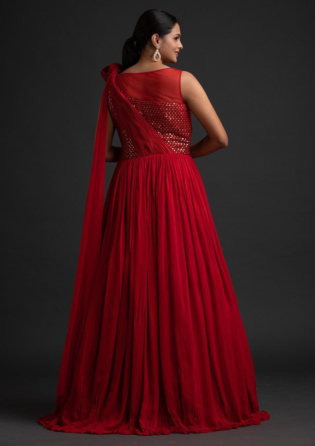 Red Sequins Georgette Designer Gown - koskii