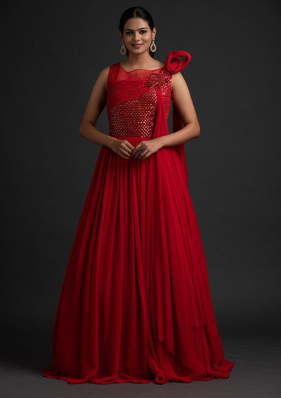 Red Sequins Georgette Designer Gown - koskii