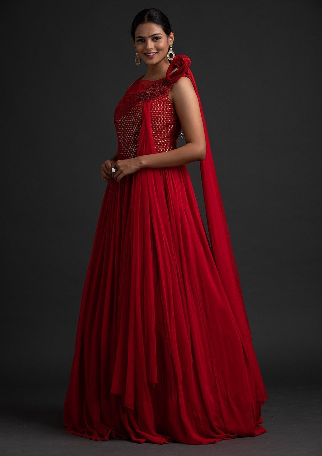 Red Sequins Georgette Designer Gown - koskii