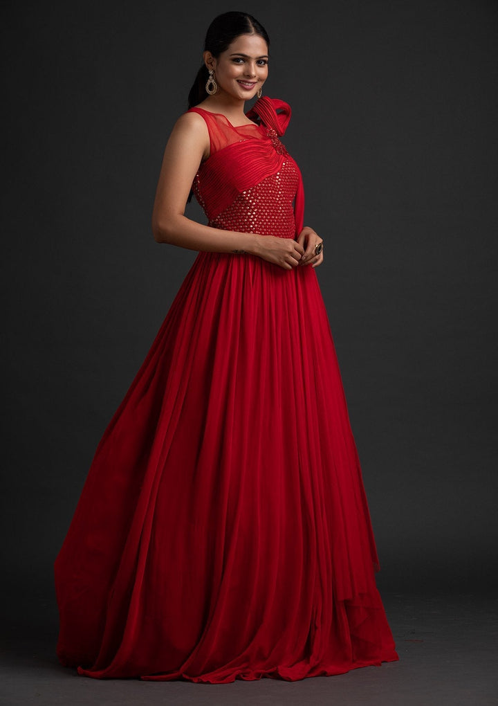 Red Sequins Georgette Designer Gown - koskii