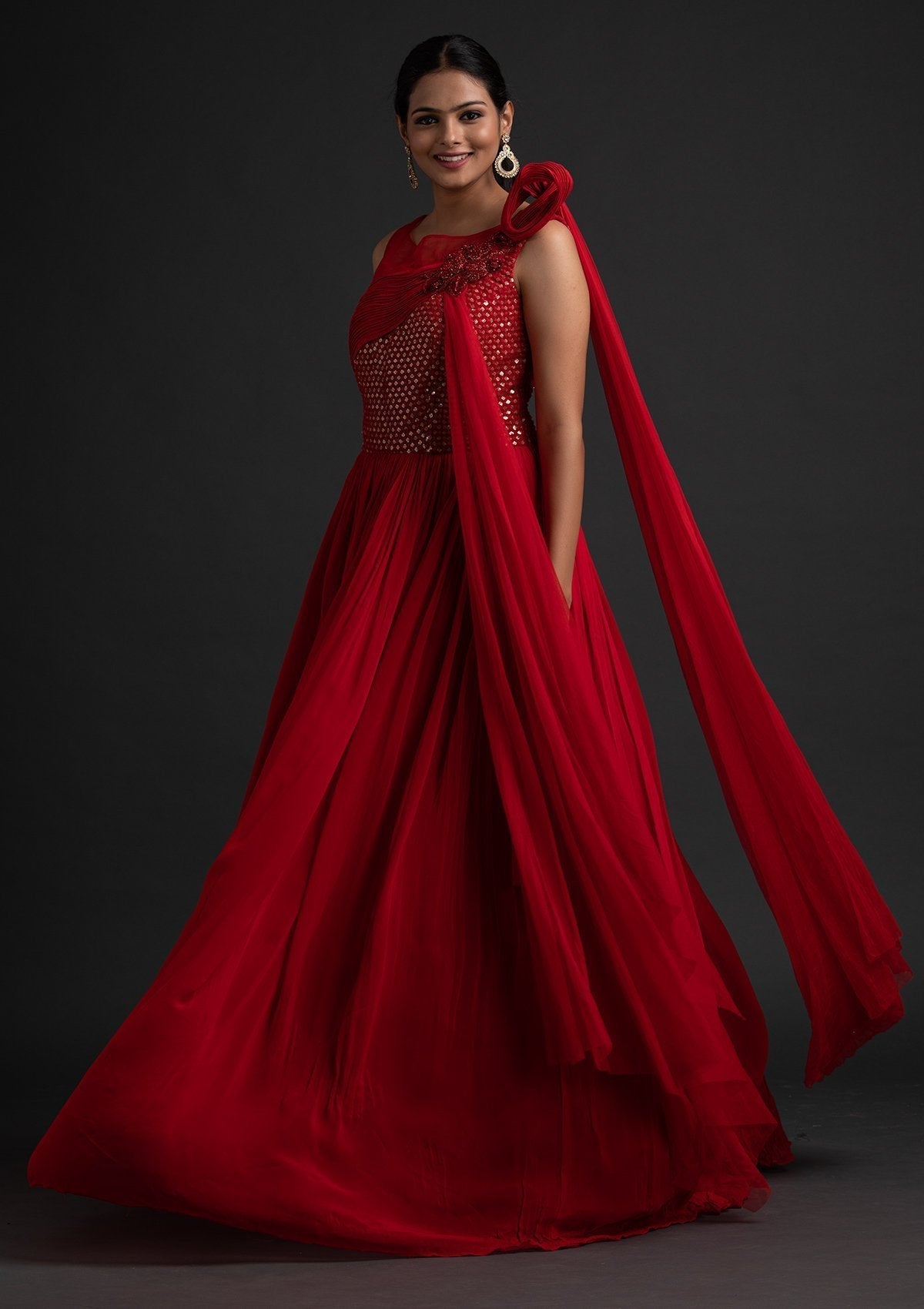 Red Sequins Georgette Designer Gown - koskii