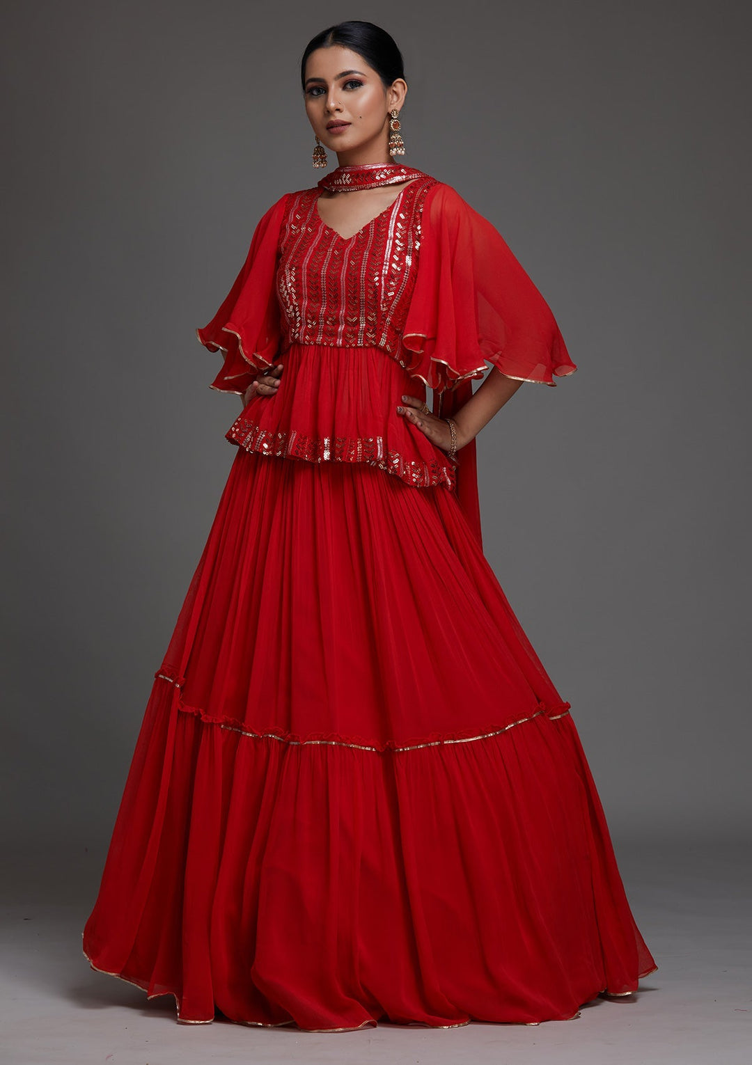 Red Sequins Georgette Designer Lehenga- Koskii