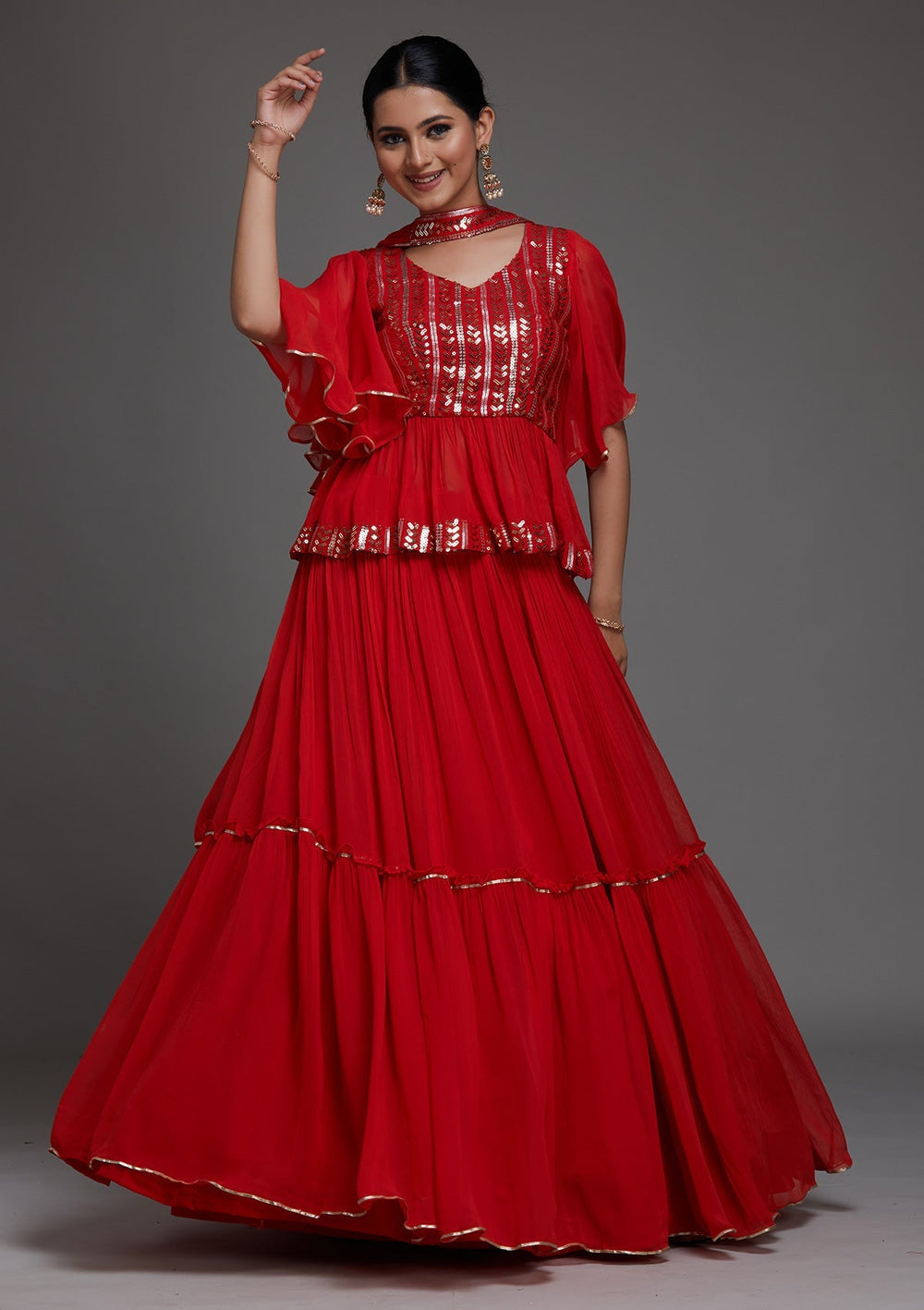 Red Sequins Georgette Designer Lehenga - Koskii