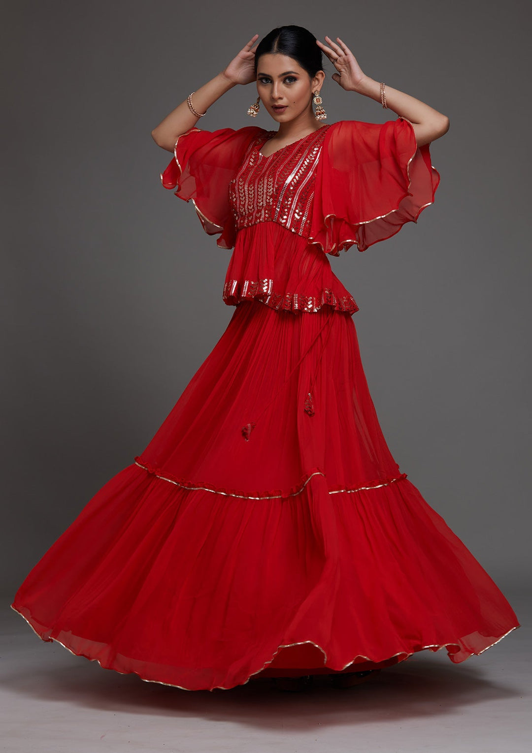 Red Sequins Georgette Designer Lehenga - Koskii