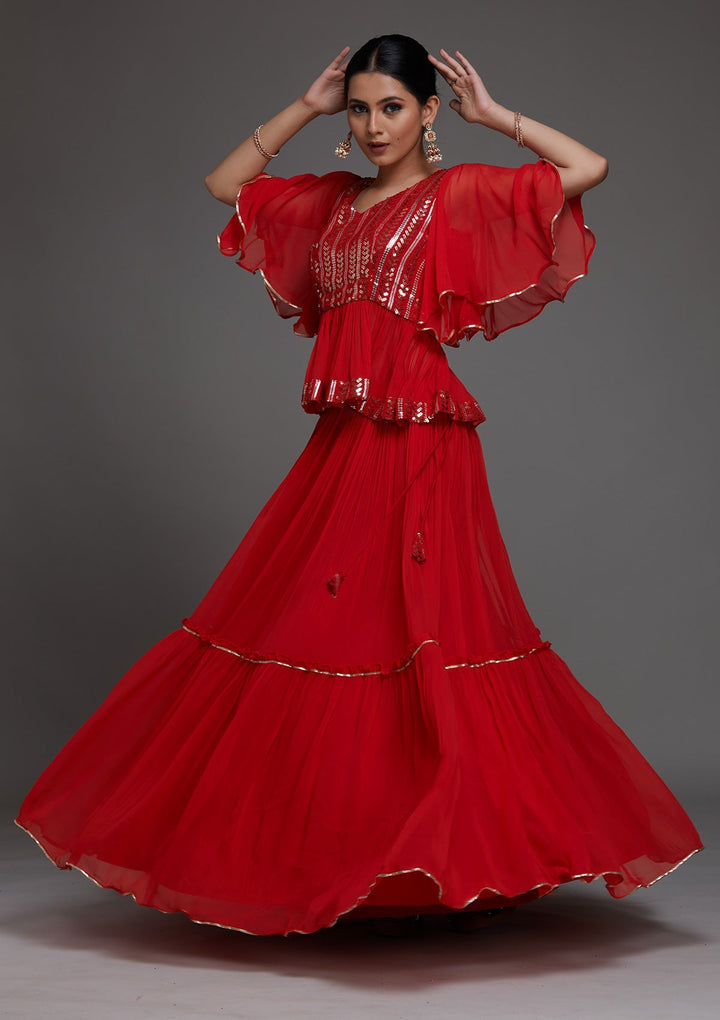 Red Sequins Georgette Designer Lehenga - Koskii