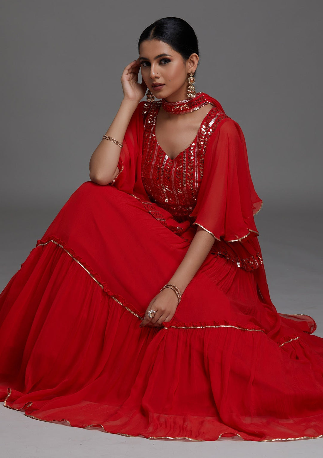 Red Sequins Georgette Designer Lehenga - Koskii