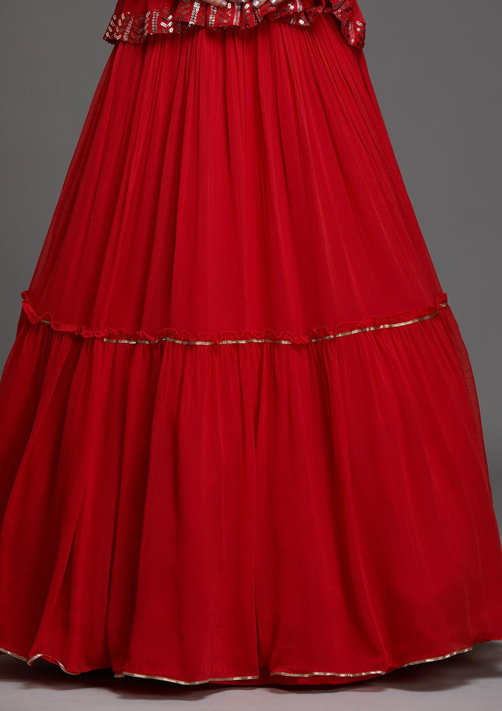 Red Sequins Georgette Designer Lehenga - Koskii