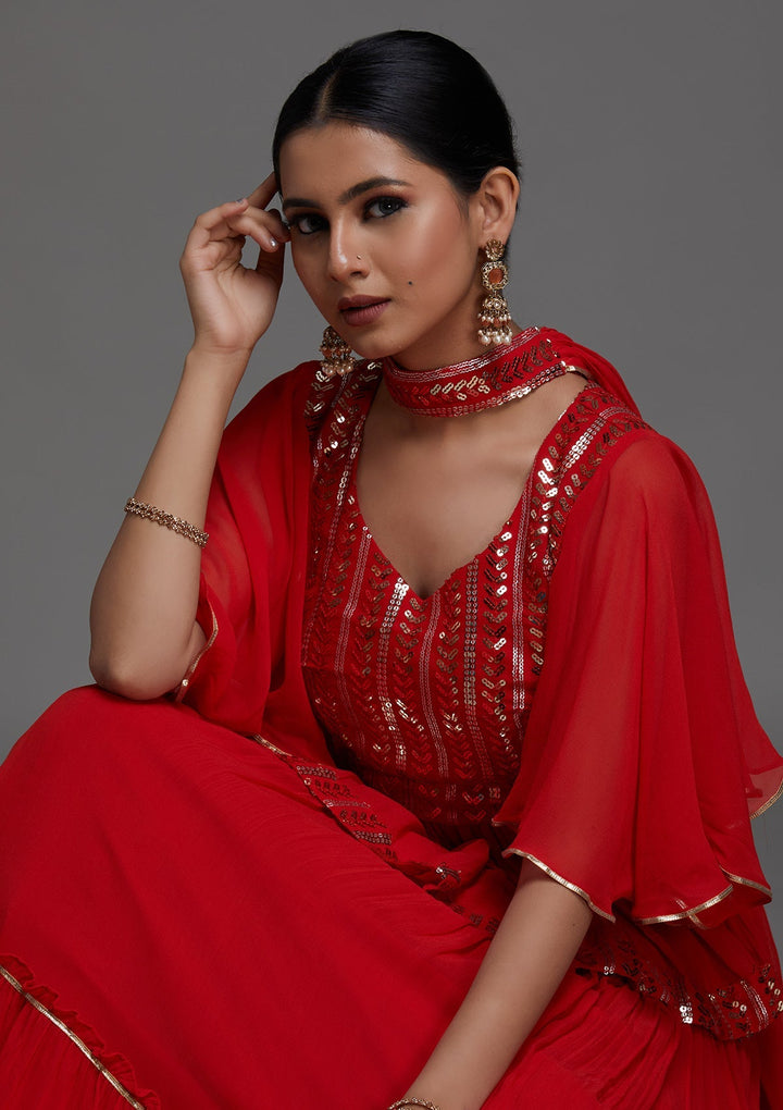 Red Sequins Georgette Designer Lehenga - Koskii