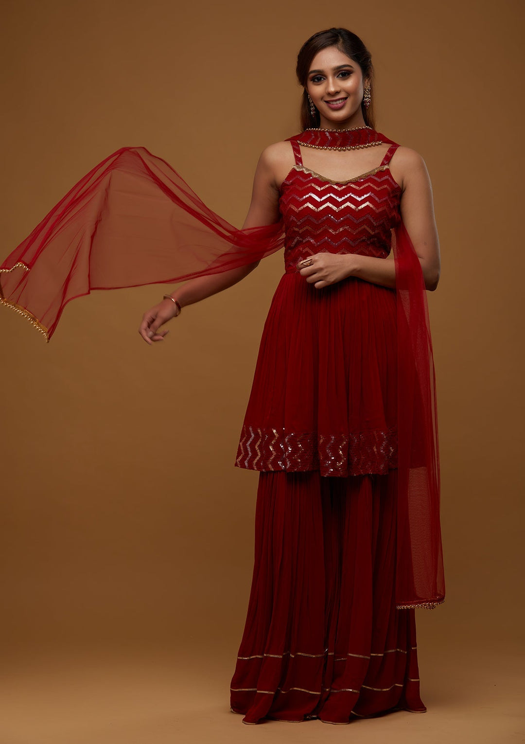 Red Sequins Georgette Designer Salwar Suit - Koskii