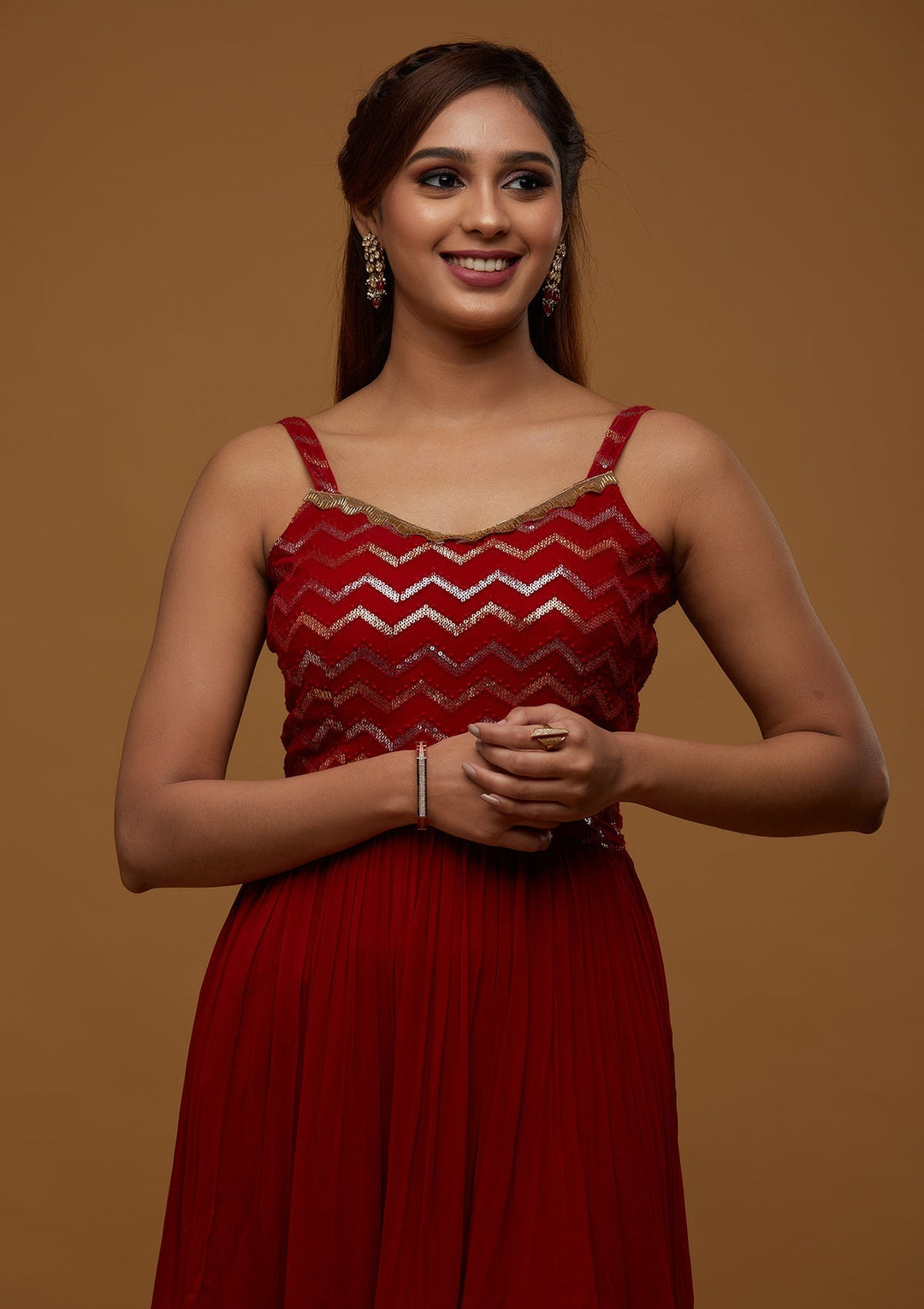 Red Sequins Georgette Designer Salwar Suit - Koskii